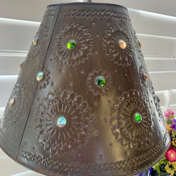Vintage Handcrafted Mexican Punched Tin Table Lamp with Glass Marble Shade - Picture 6 of 11